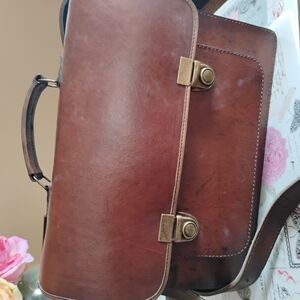 Classic Brown Leather Satchel with Brass Accents